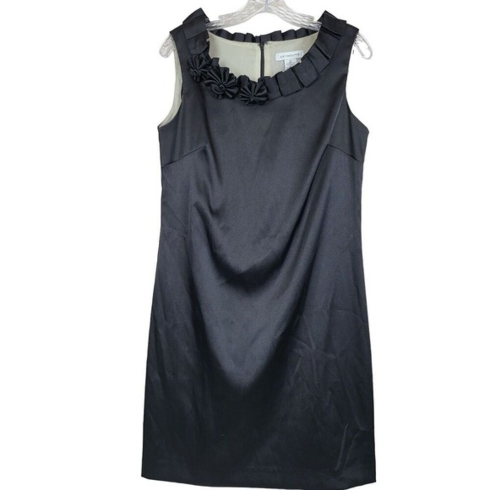Liz Claiborne Black Sleeveless Dress Women 10 Rosette Ruffle Neck Zip Back Lined